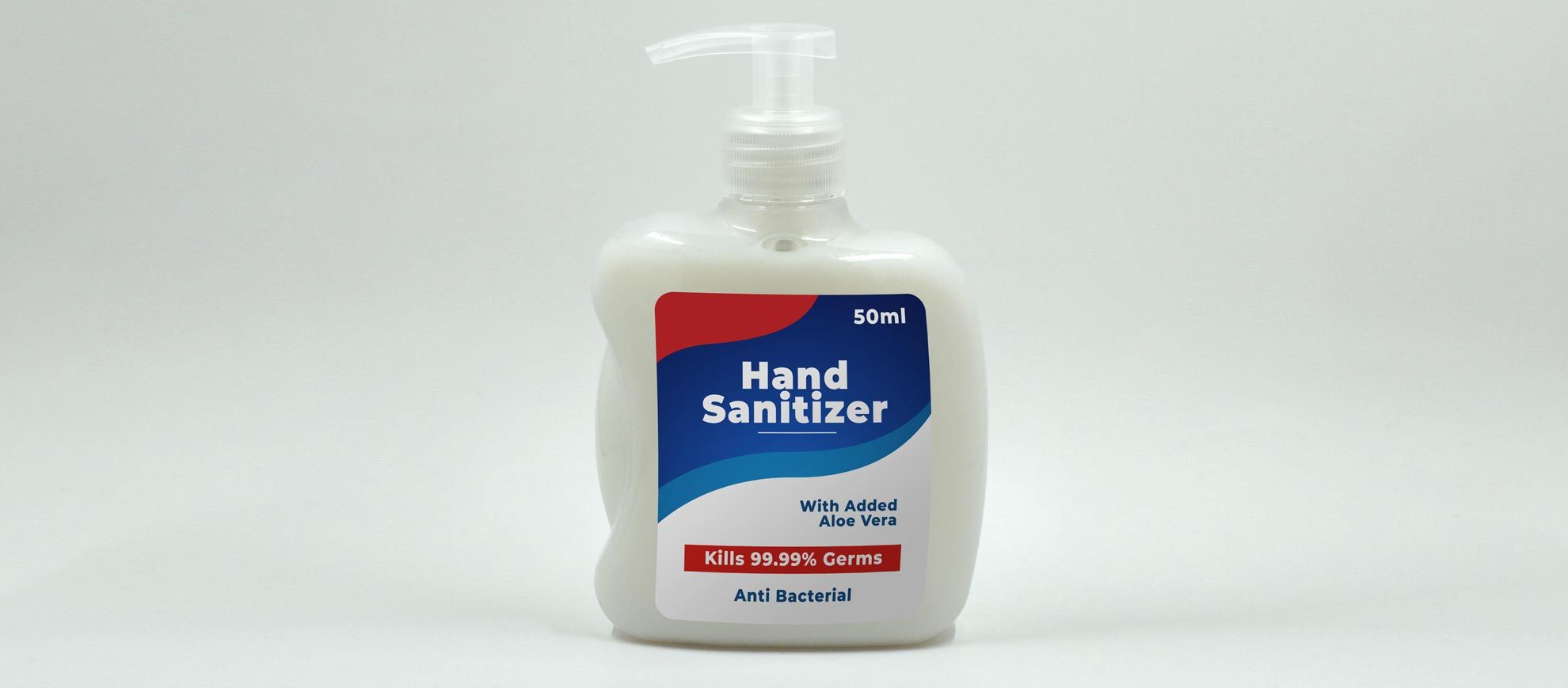 A 50ml hand sanitizer bottle featuring a professionally printed custom label with vibrant branding and product information. This example showcases how high-quality label printing can transform standard products into branded merchandise that stands out. Perfect for businesses personalizing their product packaging with durable, full-color custom labels.