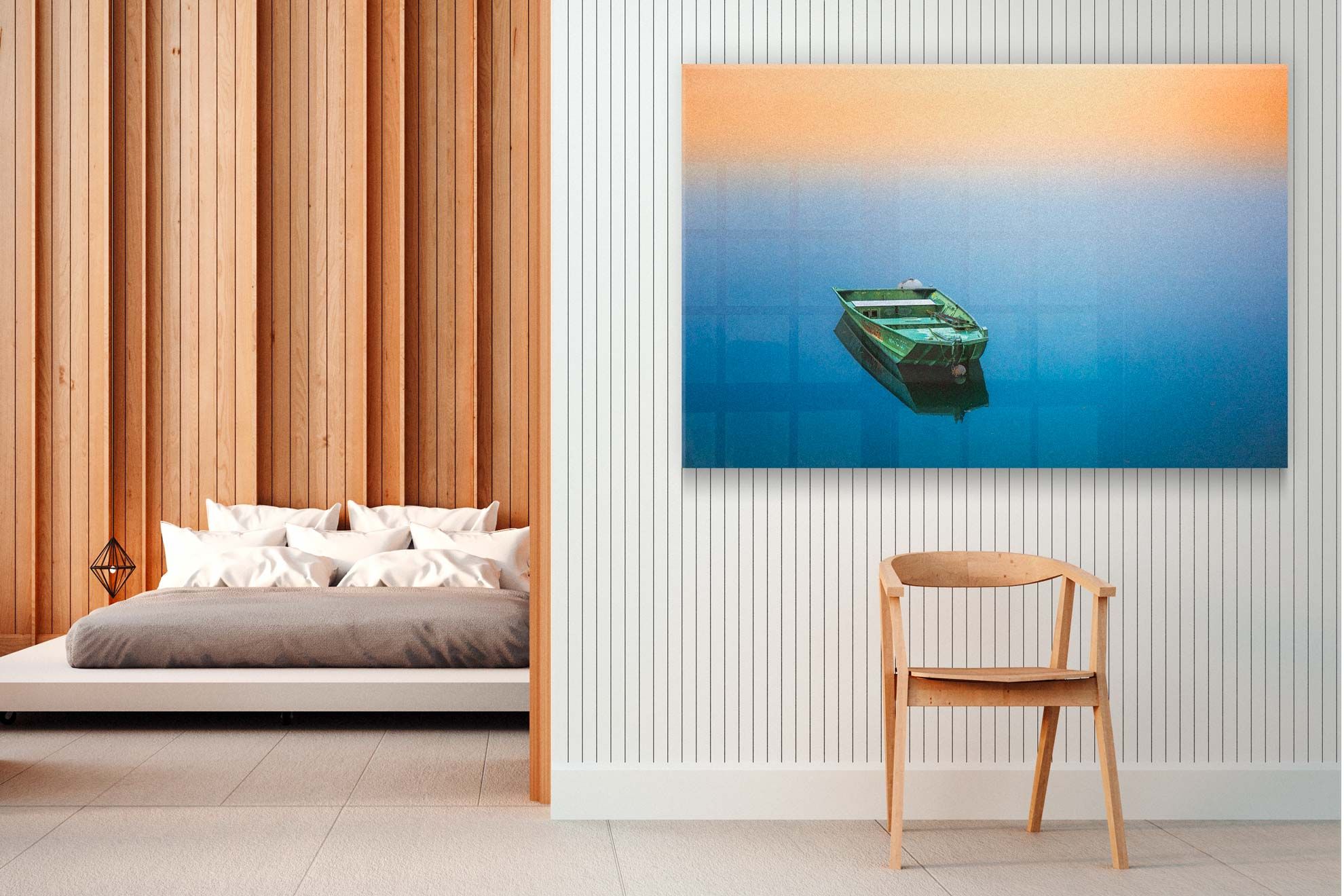 This digital print showcases a serene coastal seascape featuring a solitary boat on blue waters, displayed behind crystal-clear acrylic glass. The photograph becomes an integral part of interior spaces, adding depth and visual interest to bedroom walls and modern décor. Acrylic glass printing ensures vibrant, fade-resistant colors that transform your photography into lasting statement pieces.