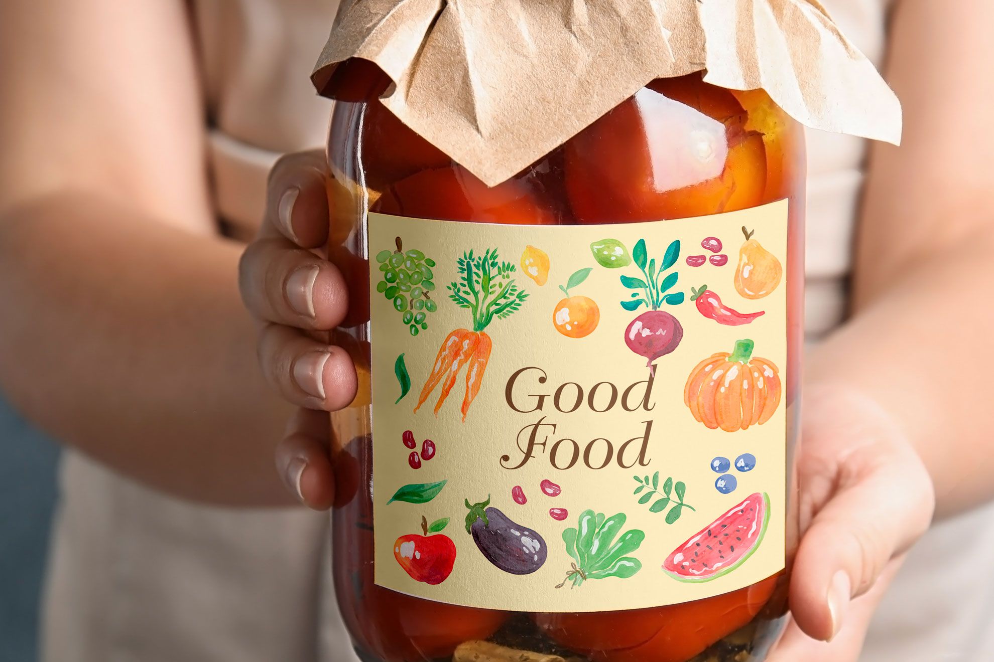 This vibrant square sticker features colorful fresh vegetables and 'Good Food' typography, perfect for personalizing food jars and artisanal packaging. Create custom food labels for homemade jams, condiments, or gourmet products with eye-catching designs that stand out. Our square stickers combine quality printing with creative customization options for your food business or personal projects.