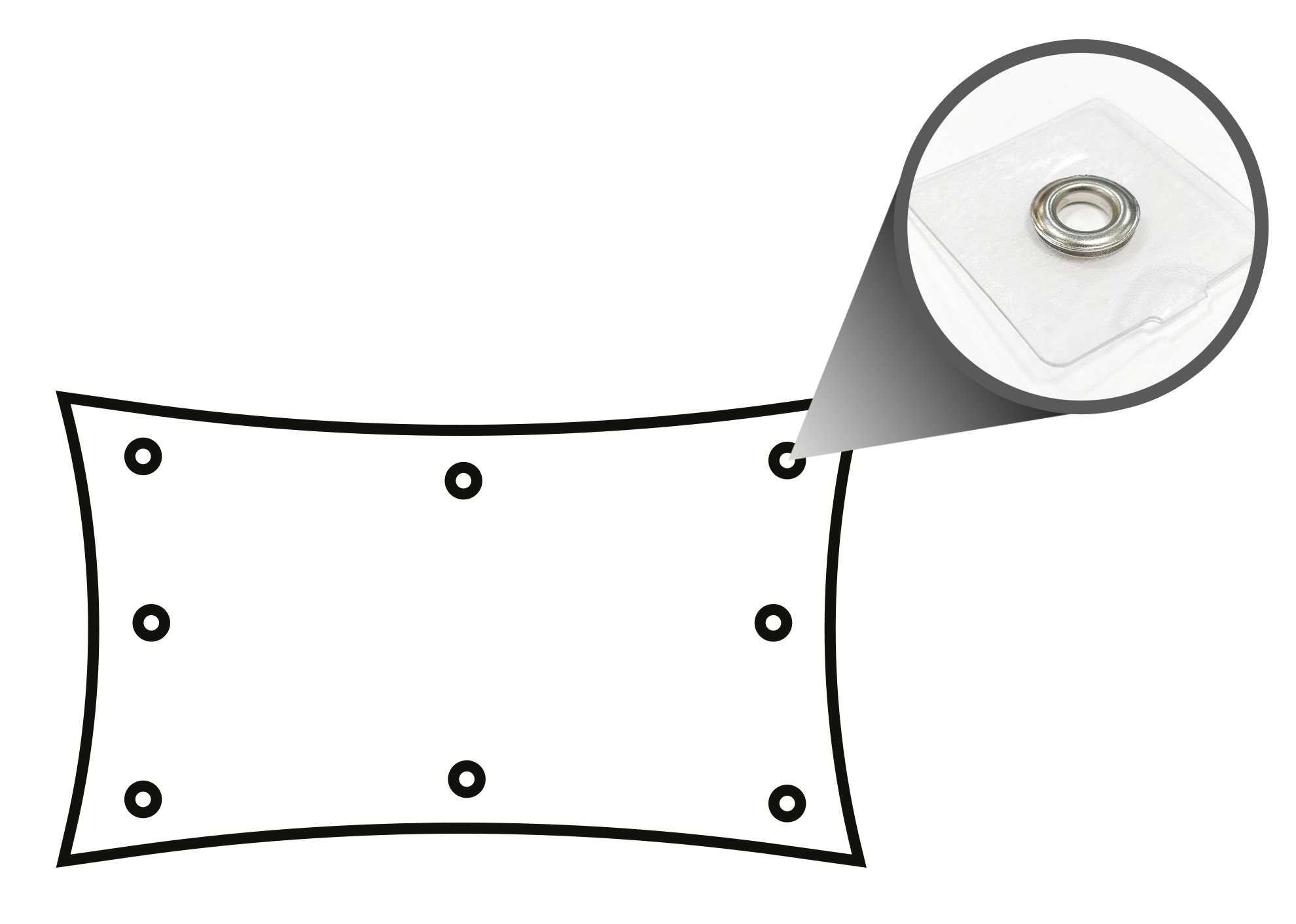 Complete perimeter - Reinforced eyelets: Insertion of tear-proof eyelets positioned 50 cm far from each other with reinforced profile in clear pvc.