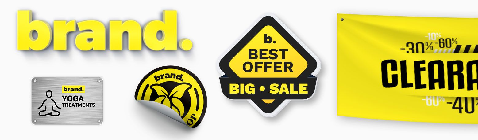 Collection of custom-printed PVC signs and promotional display materials including brand signage, round stickers, shaped sale badges and clearance banners. Sprint24 prints banners, displays and PVC adhesive signage for shops, events and outdoor promotions with fast delivery and top print quality.