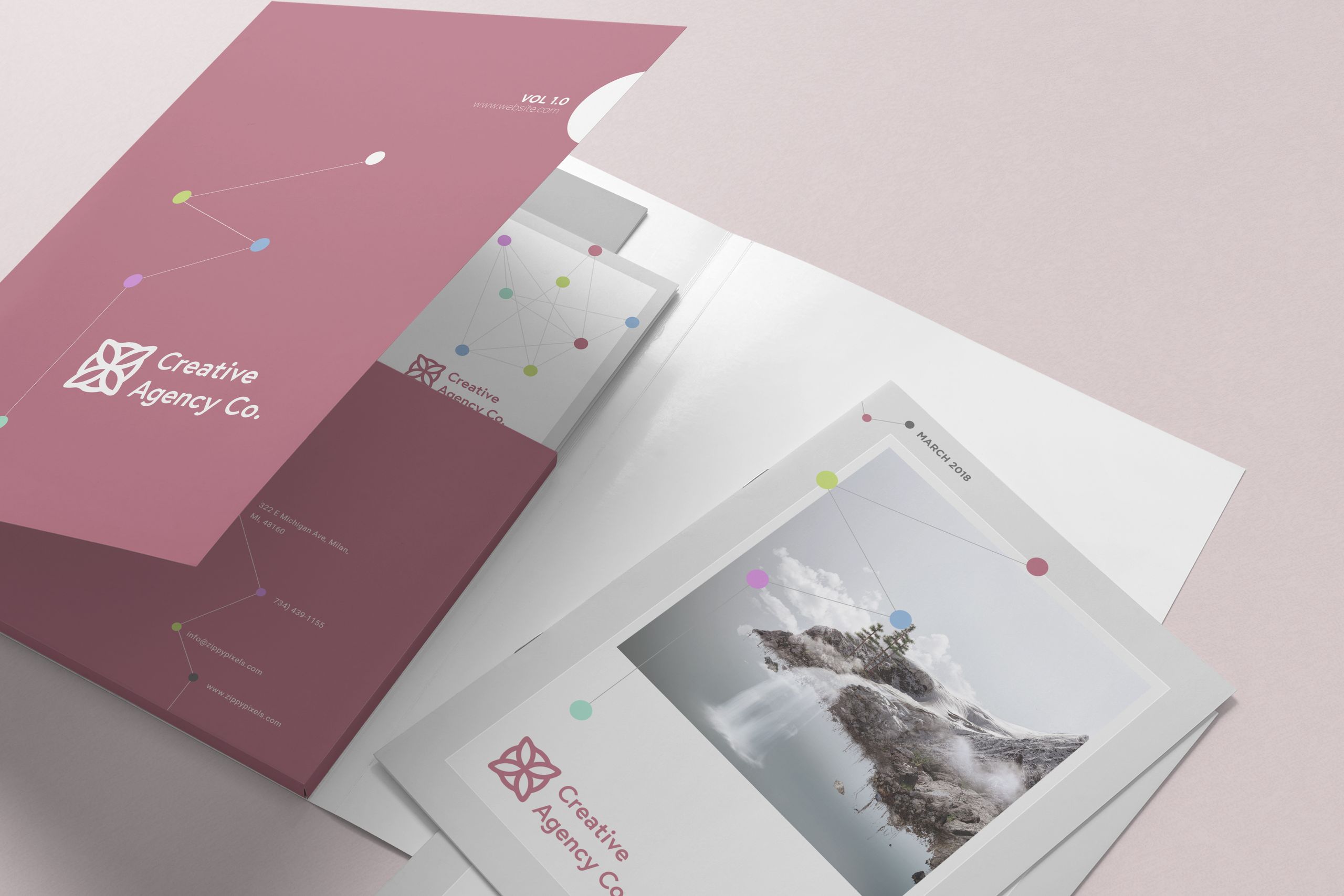 Professional printed folders with typography and high-quality photography for creative agency branding. This offset-printed folder set features a modern burgundy color scheme and contemporary design. Perfect for print marketing materials, business collateral, and professional presentations.