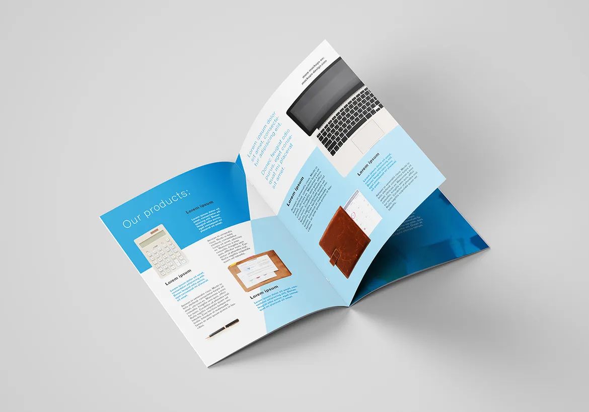 Open multi-page promotional brochure featuring a modern blue and white layout with product samples, corporate imagery, and text content. This professional advertising pamphlet design showcases how to effectively organize marketing materials, product information, and visual elements to reach customers and build brand awareness.