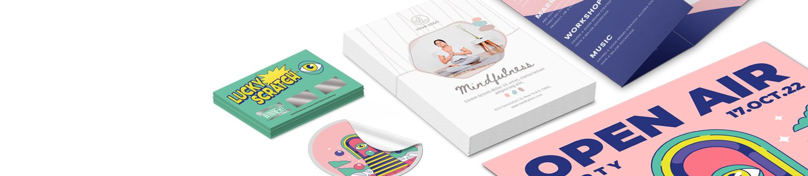 A banner collage showcasing a variety of custom online printing products including a scratch card, mindfulness flyer, workshop poster and sticker against a white background. Online printing services offer unlimited customisation across business cards, flyers, postcards, stickers, posters and more — with fast turnaround, affordable pricing and delivery direct to your door.
