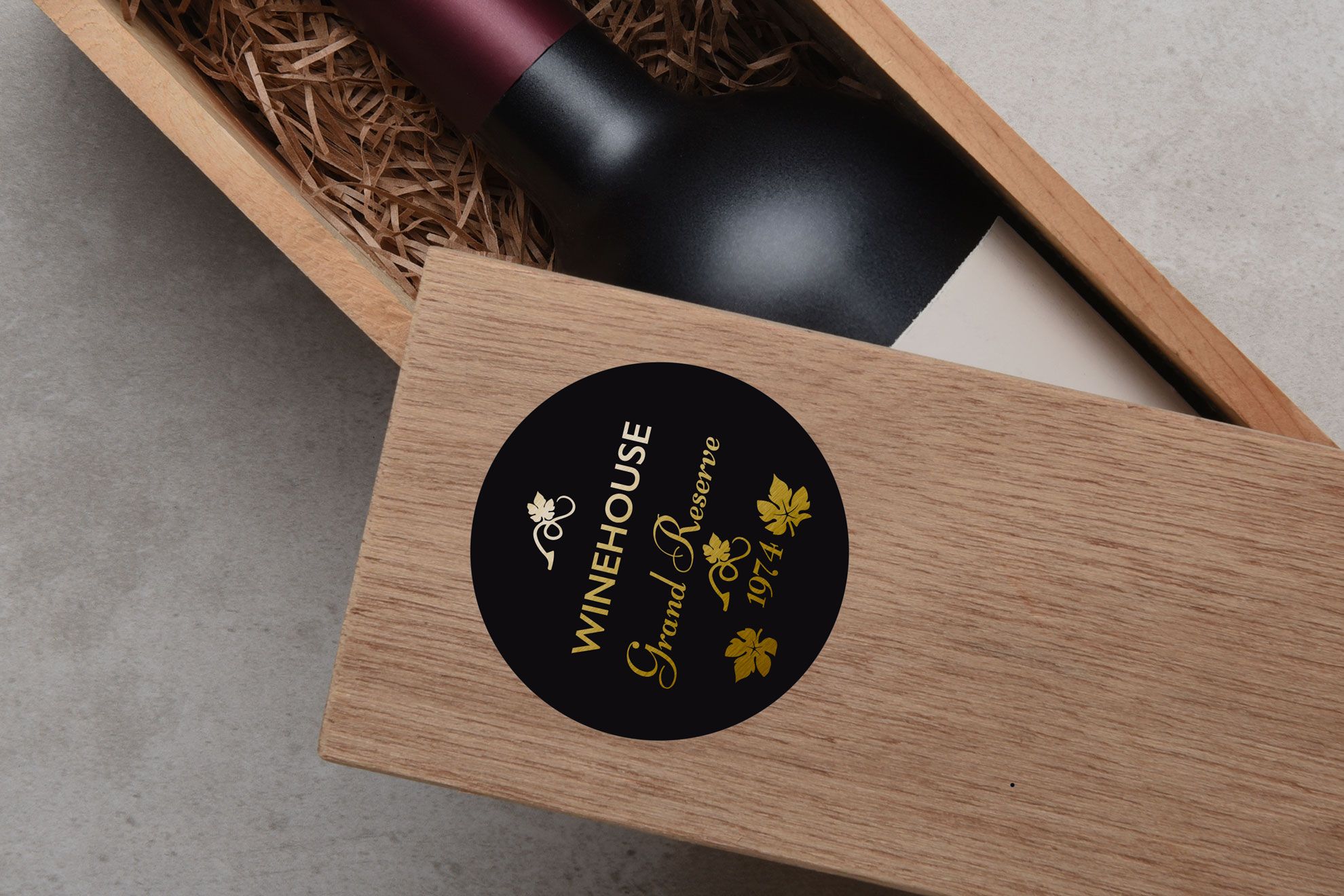 Round black sticker with custom gold foil lettering Create professional custom round stickers with premium gold foil printing on matte black, perfect for wine bottles and product labels. Design your own round stickers online using Sprint24's easy configurator with high-quality results at competitive prices. Ideal for businesses and personal projects requiring custom branded stickers for packaging and identification.