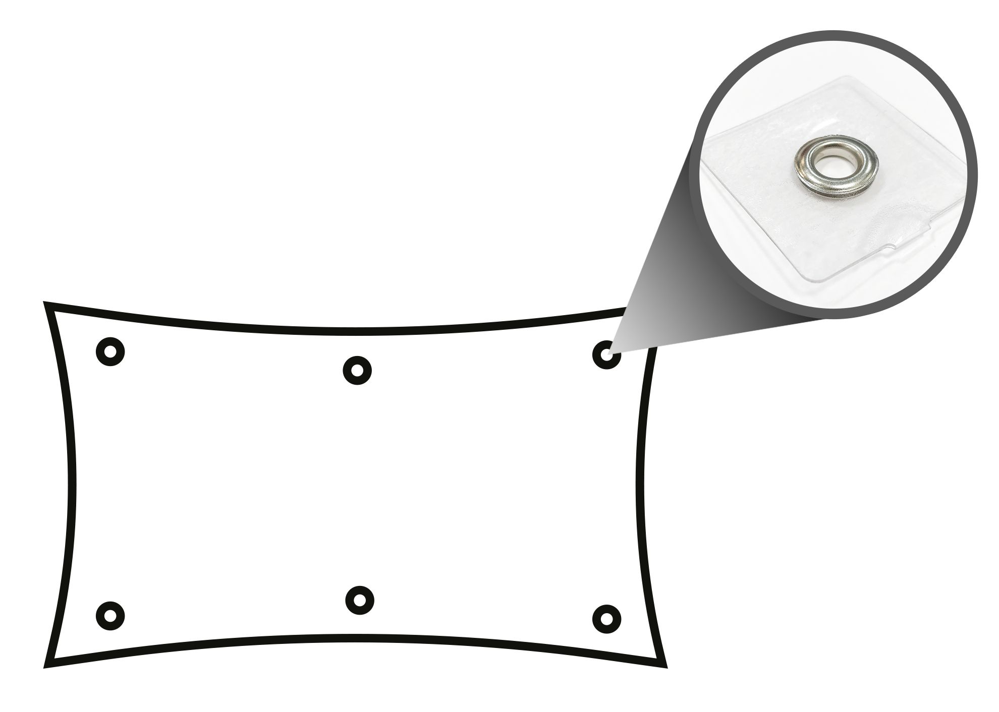 Upper and lower side - Reinforced eyelets: Insertion of tear-proof eyelets positioned 50 cm far from each other with reinforced profile in clear pvc.