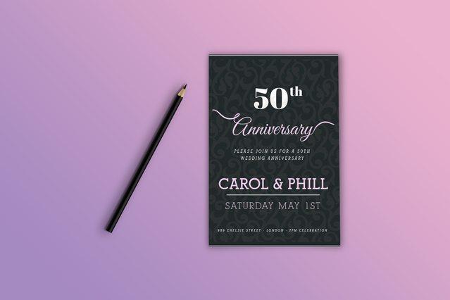Elegant invitation card perfect for 50th anniversary celebrations on premium dark cardstock. Customize with couple names and event date for a prestigious milestone announcement - ideal for online printing of sophisticated invitations.