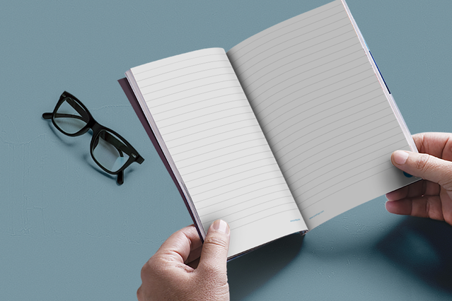This A5 template notebook features ruled pages and durable metal staple binding, designed for professional printing and bookbinding. Ideal for creating custom notebooks for note-taking, journaling, and business use. The practical A5 format combines portability with ample writing space.