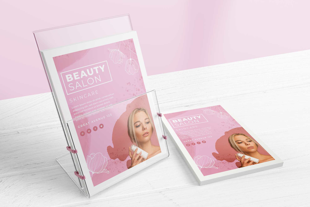 Two pink Beauty Salon branded promotional display cards — a tall framed poster and a smaller tablet-sized frame — set on a white surface with a pink background. Sprint24 prints extra thick 400gr cards ideal for beauty salons, spas and wellness brands seeking premium-feel promotional displays, event cards and in-store marketing materials.