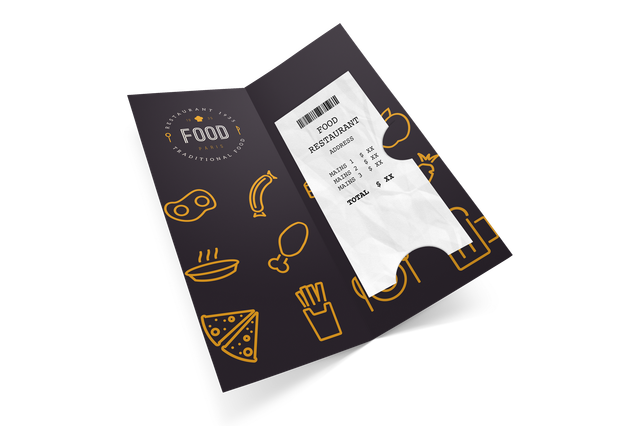 Premium black bill holder featuring custom gold food icons, ideal for upscale restaurants seeking memorable checkout experiences. This professionally designed holder elevates your brand presentation while securely displaying customer bills and receipts. Perfect for fine dining establishments wanting to combine functionality with distinctive restaurant branding.