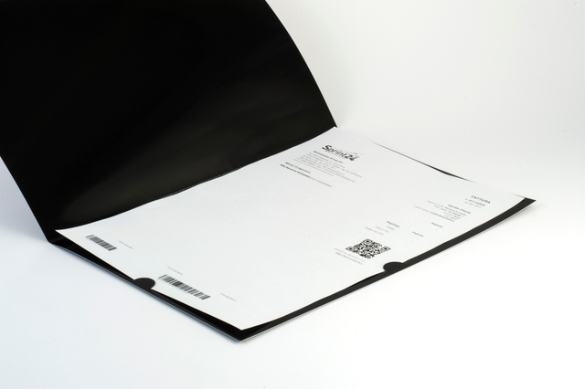 Archive folder with professional one-color printing on 320 gsm sirio paper. The die-cut folder features a bold black exterior and clean white interior for document storage and organization. Ideal for archives, medical centers, offices, and professional document holders.