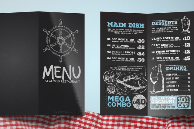 Printed laminated menu for casual restaurants pizzerias and catering with clear sections. Sprint24.