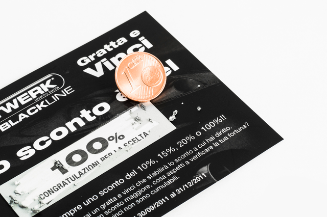 Professional Blackline scratch card with elegant black design and silver scratch-off area, ideal for promotional games, contests, and customer loyalty programs. Printed in 4 colors on 200 gsm matt coated paper with gloss lamination and premium silver scratch-off coating. Create engaging scratch-and-win campaigns and personalized prize cards with this high-quality promotional merchandise.