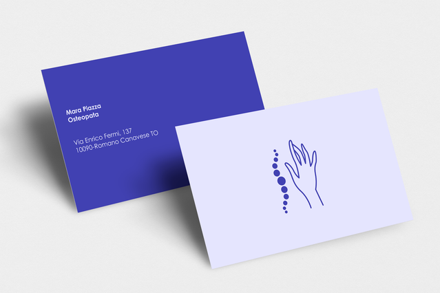 Professional osteopath business cards featuring a modern two-tone design in blue and lavender with a hand therapy illustration. These personalized cards showcase your practice elegantly while maintaining high-quality printing on resistant cardstock. Perfect for establishing client trust and promoting your osteopathic services at consultations and networking events.