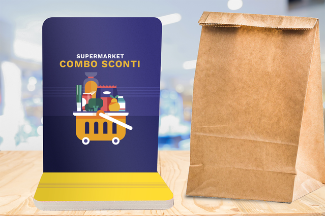 Eye-catching retail display combining a printed tabletop counter stand and kraft paper bags for combo offers and bundle promotions. Ideal for supermarkets, grocery stores, and retail counters to drive point-of-sale visibility and customer engagement. Print professional counter displays online at competitive prices.