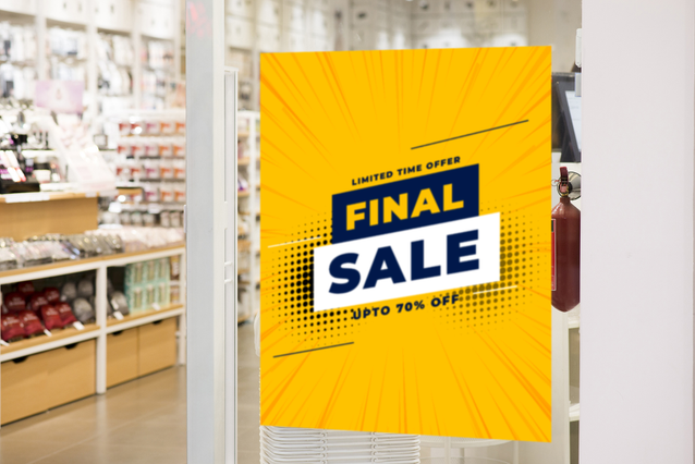 High-impact yellow 'Final Sale' PVC label perfect for retail window displays and promotional campaigns. This large sticker delivers exceptional durability and weather resistance, ideal for storefront applications and product showcasing. Premium-quality materials ensure vibrant color and long-lasting adhesion in busy retail environments.
