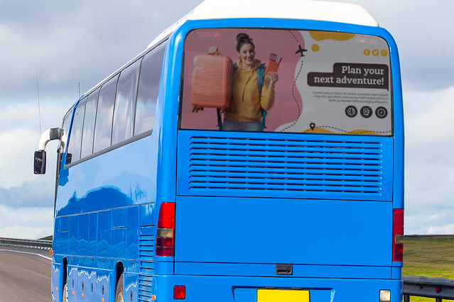 This professional one-way sticker application demonstrates how oneway vinyl provides privacy and brand visibility on large vehicles like coaches and buses. The perforated design allows interior visibility while blocking external view, making it ideal for passenger protection and commercial advertising. Perfect for fleet branding and functional vehicle privacy solutions.