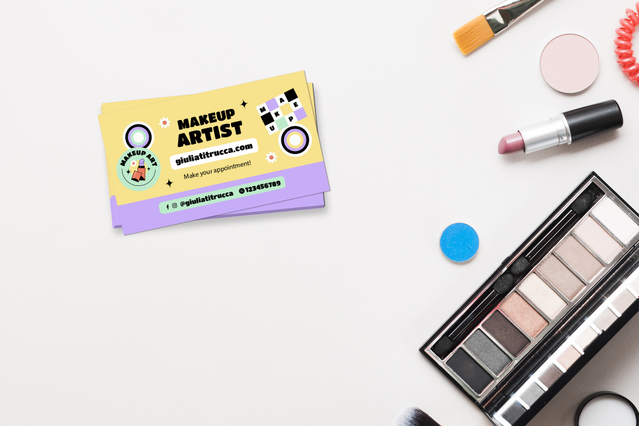 This vibrant makeup artist business card showcases a professional design perfect for beauty and cosmetics professionals. The colorful, customizable template highlights your makeup artistry services with eye-catching visuals. Order printed business cards online with Sprint24 and make a lasting impression in the beauty industry.