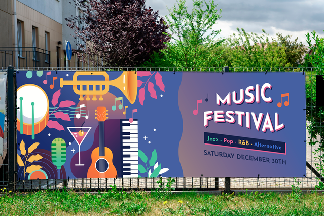 Vibrant mesh advertising banner featuring bold musical illustrations and festival branding in eye-catching colours. This durable PVC mesh banner combines professional print quality with outdoor weather resistance for temporary event promotion. Perfect for sponsoring concerts, music festivals, and large-scale event advertising campaigns.