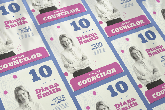 Professional election campaign flyers featuring vibrant colors and candidate photography. Ideal for political campaigns, councillor elections, and voter outreach initiatives. These high-quality printed materials help candidates build visibility and communicate their message effectively to the electorate.