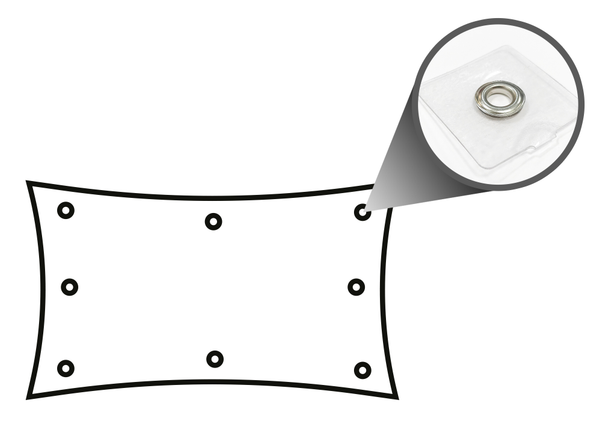 Complete perimeter - Reinforced eyelets: Insertion of tear-proof eyelets positioned 50 cm far from each other with reinforced profile in clear pvc.
