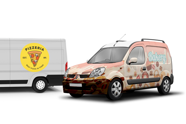 Two wrapped vehicles showcasing custom adhesive PVC designs for commercial branding. The image displays a white cargo van with a pizzeria logo and a red delivery van with restaurant graphics, demonstrating how adhesive wrapping transforms vehicles into mobile advertising.