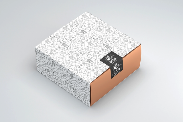 A square gift box wrapped in a white floral pattern custom sticker with a black branded label band closure. Sprint24 prints custom box stickers in paper or polyester to personalise standard packaging — ideal for food products, gift boxes and brand promotions with your logo.