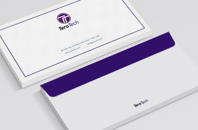 TeraTech envelopes for automatic mailing: front logo address, back purple branded flap. 80gsm Sprint24.