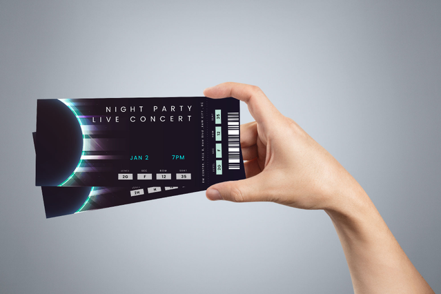 A custom-printed numbered ticket for 'Night Party Live Concert' featuring a stylised dark moon design and barcode, held by a hand against a grey background. Sprint24 prints custom numbered tickets with progressive numbering, perforation and anti-counterfeiting system — perfect for events, concerts, parties and access management with secure ticket distribution.