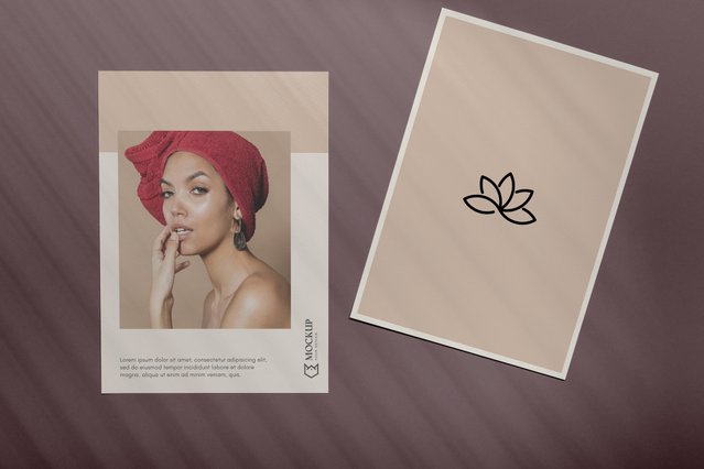 Two custom postcards — one featuring a striking portrait photograph of a woman with a red head wrap and the other showing a minimal lotus flower logo on a beige card. Custom postcard printing in A5 or standard formats is ideal for promoting exhibitions, concerts, beauty brands, wellness studios and creative businesses with a high-impact, versatile printed marketing tool.