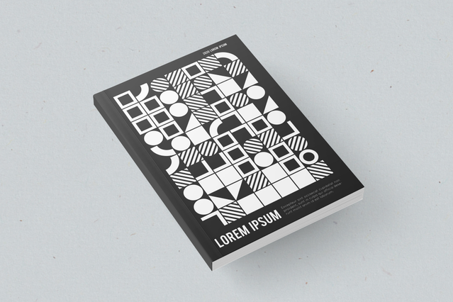 A printed catalogue with a striking bold black and white geometric pattern cover featuring grids, circles and triangle motifs. Custom-printed catalogues in paperback binding are ideal for companies, retailers and publishers needing a professional product catalogue, annual report or brand lookbook — fully personalised with your cover design, paper quality, binding type and lamination.