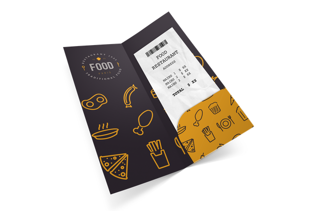 A tri-fold custom receipt holder printed in dark charcoal with golden food icons and a branded restaurant logo. The inner pocket holds a receipt securely, ideal for restaurants, bars, and hotels. Printed with Sprint24, this receipt holder adds a professional and elegant touch to your customer experience.