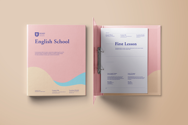 A custom-printed ring binder titled 'English School' with a soft pink wave-pattern cover, shown open displaying a 'First Lesson' document inside the metal rings. Sprint24 prints custom ring binders with hardcover and 2 or 4 rings in 6 standard sizes — ideal for educational materials, school manuals, corporate documents and coordinated office stationery.