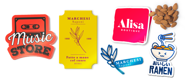 Assorted custom die-cut stickers in various shapes: a Music Store cassette sticker, Marchesi Saponi soap label, Alisa Boutique square sticker, an olive branch sticker and a ramen bowl character. Sprint24 prints shaped PVC stickers in any custom silhouette, ideal for product packaging, brand identity and creative promotions.