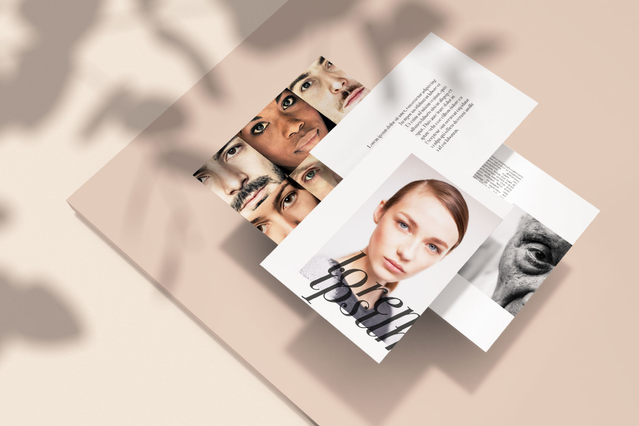 An assortment of custom-printed materials including a fashion editorial-style portrait page and shaped collateral with multiple face crops, arranged on a beige surface with leaf shadow. Sprint24 prints all kinds of custom printed matter with shaped cuts, finishes and special formats — ideal for editorial campaigns, lookbooks and creative promotional projects.