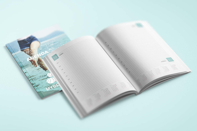 Custom threadbound agendas with soft covers and ruled pages for daily or weekly planning. Each sewn-binding paperback agenda features a matching bookmark and is available with personalization options like selective coating and embossed gold or silver accents. Create your perfect customised agenda with Sprint24.