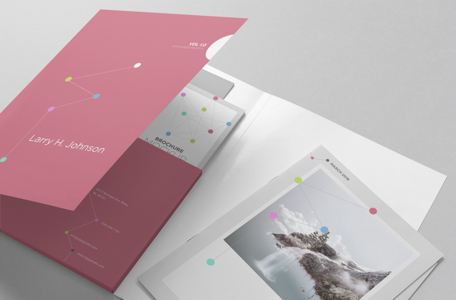 Professional customized folder paired with matching printed brochure, perfect for organizing and promoting your documents. This die-cut folder design allows full personalization of both the exterior and interior, ideal for marketing materials and corporate presentation packets.
