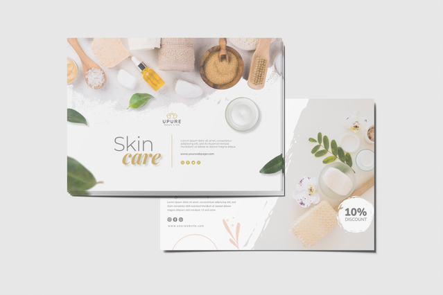 Personalized postcard template featuring a modern skincare and beauty product design with natural ingredients and spa aesthetics. The minimalist composition with green botanical accents and cream tones is ideal for cosmetics brands and wellness services. Customize this professional beauty postcard to promote your skincare line or beauty business.