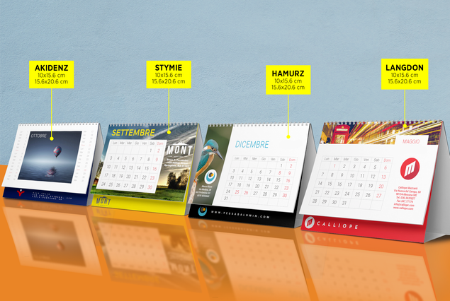 Four spiral-bound desk calendar templates with 7 customizable sheets each. Monthly layouts available in photographic, minimalist, and bold designs for corporate gifting and office planning. Perfect for client retention and personalized workspace decoration.