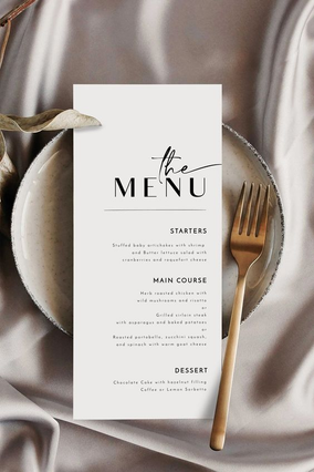 Discover our elegant wedding menu cards, perfect for your special day. This formal design features premium quality printing with sophisticated typography, ready to customize online. Create your unique menu with Sprint24's professional printing service.