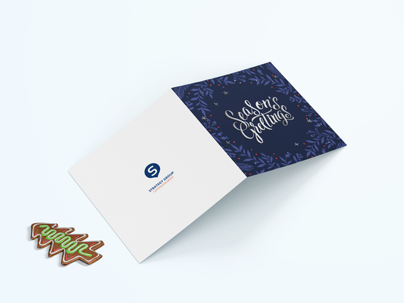 This sophisticated navy Christmas greeting card design showcases elegant script lettering and decorative floral elements, perfect for corporate holiday greetings. Customize this premium business card with your company logo and branding through Sprint24's online printing service. Combine professional aesthetics with personalized touches to impress clients and employees during the festive season.