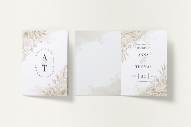 Discover elegant white wedding invitations featuring delicate gold foil botanical accents and personalized monograms. These custom-printed invitations showcase minimalist design with premium quality, perfect for creating sophisticated stationery for your special day. Configure your own bespoke wedding invitations online with Sprint24's printing service.