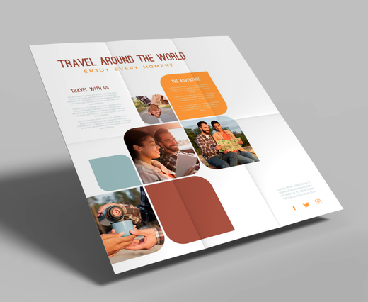 Flat six-panel cross fold Travel Around the World couple travel. Flat unfolded six-panel cross-fold for Travel Around the World with couple photos and orange teal panels. Sprint24.