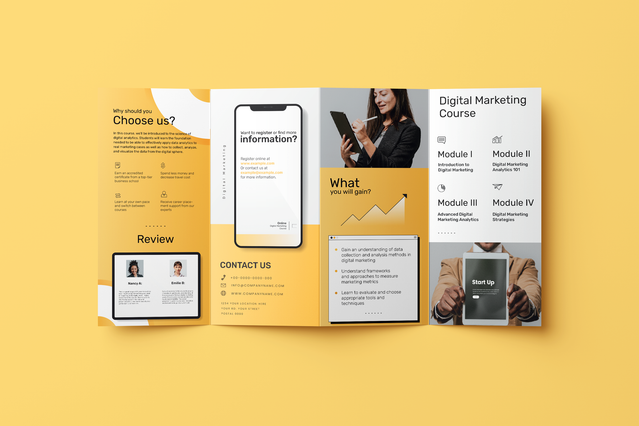 A fully opened yellow and white quad-fold brochure for a 'Digital Marketing Course' showing four module panels, a phone mockup, a woman with tablet, review testimonials and a Contact Us section. Custom-printed quad-fold leaflets provide ample space for structured course content, service packages and promotional offers — ideal for training centres, marketing agencies and educational institutions.