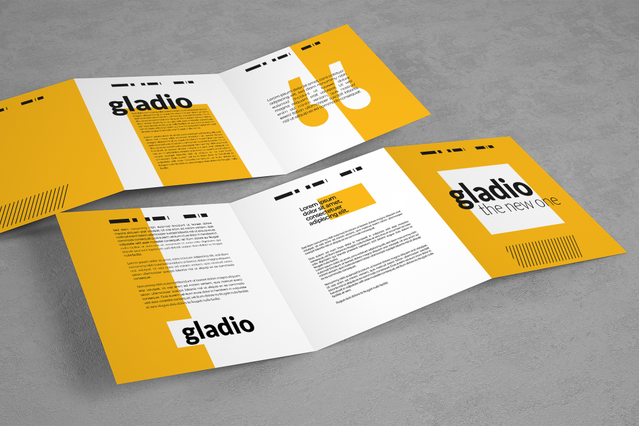 Bold yellow white Gladio bifold flyer showing cover and inner spread. 4 fold types 115gsm coated Sprint24.