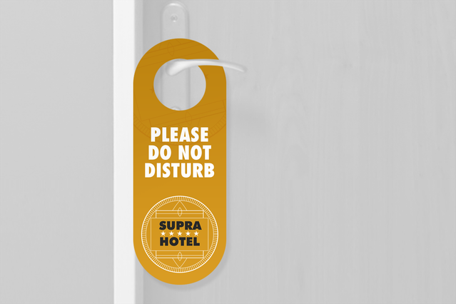 Customize your do not disturb door hangers with this elegant golden design featuring hotel branding. Perfect for hotels, resorts, and hospitality businesses seeking professional, printed door hangers to manage guest privacy. Order your personalized do not disturb door hangers online with Sprint24 for high-quality custom printing at competitive prices.
