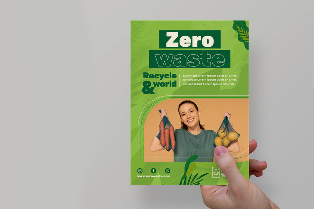 This professional A5 brochure showcases eco-friendly products and zero-waste initiatives with vibrant design. The format is ideal for environmental businesses to communicate sustainability messages and product details. Customize and print your A5 flyers today to promote your green products effectively.
