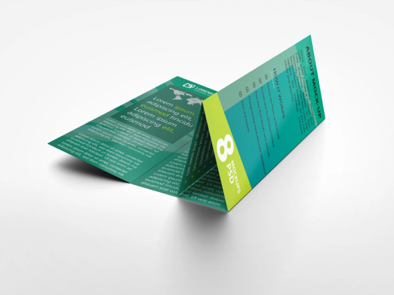 A teal and green gate-fold brochure shown partially open, revealing its six-panel layout with text columns and a bold number graphic. Gate-fold brochures offer a striking WOW effect ideal for invitations, menus, and promotional campaigns. Print your custom gate-fold brochures online with Sprint24.