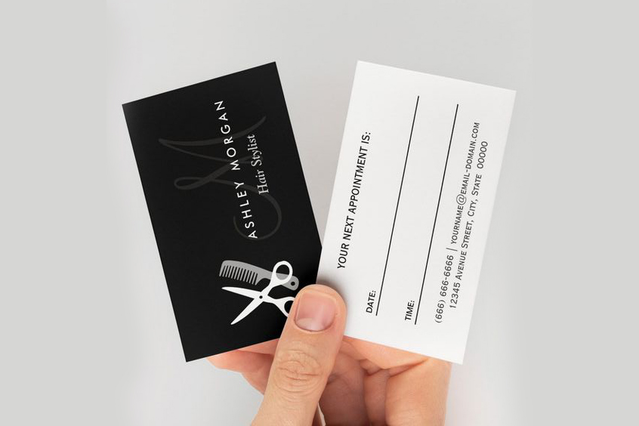 Professional hairstylist business cards featuring a modern scissors logo design. Perfect for salon owners and stylists to distribute contact information to clients. Custom printed cards establish your brand identity and help grow your hair salon business.