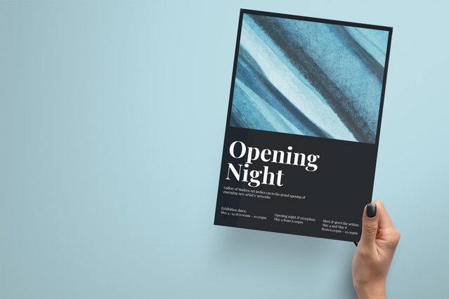 A hand holding an A4 flyer for 'Opening Night — Gallery of Modern Art' featuring a dramatic abstract blue brushstroke texture photograph and bold white typography on a dark lower panel. Custom A4 flyers with high-impact photography and elegant typography are the ideal print format for art gallery openings, cultural events and museum exhibitions to attract visitors and art collectors.